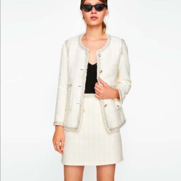 Zara Ivory Tweed Blazer Pearl Buttons and Silver Threads Edging, NWT, S - Picture 5 of 15